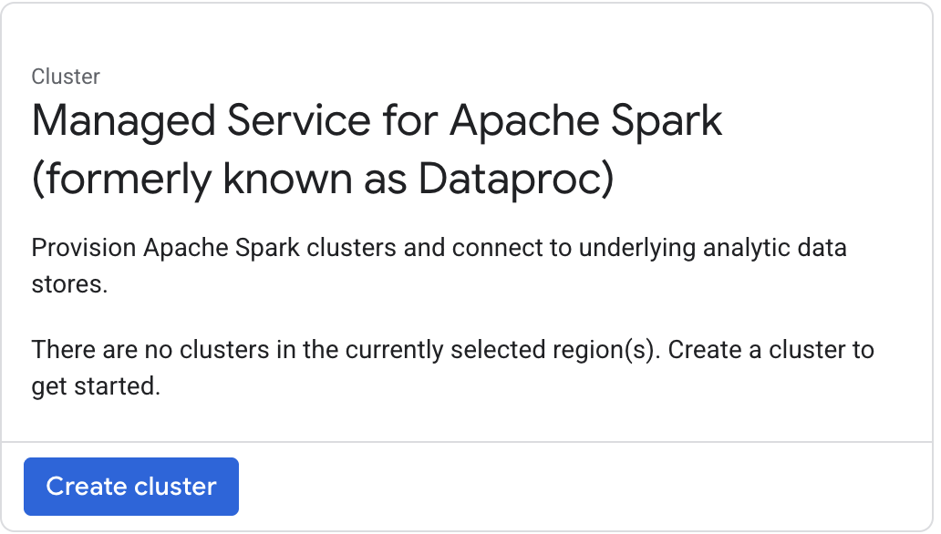 Managed Service for Apache Spark menu with the Create Cluster button highlighted