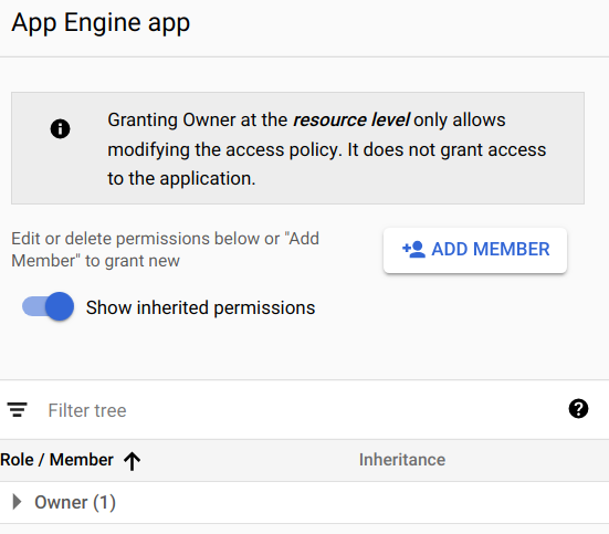 The App Engine app, which includes the Show inherited permissions toggle and the Add Member button.