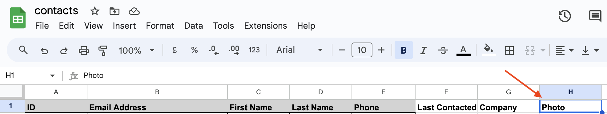 The contacts sheet displaying the highlighted column heading