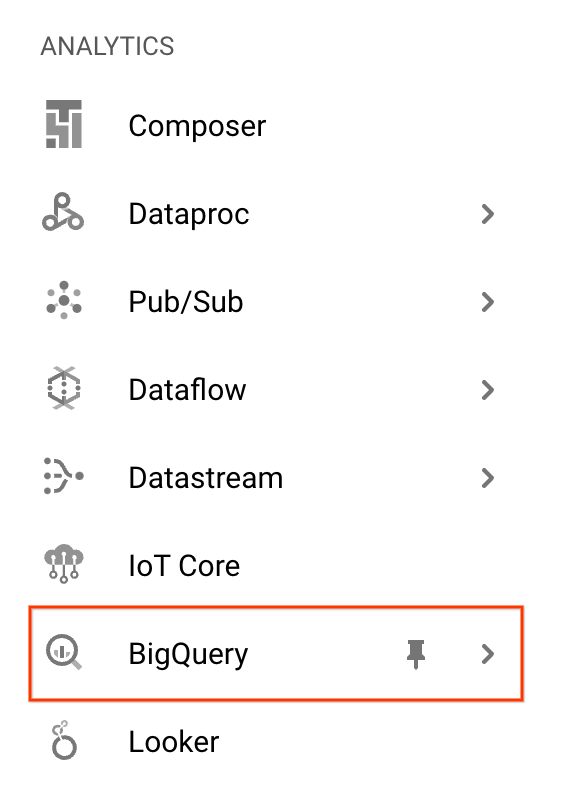 The BigQuery option highlighted within the Big Data navigation menu.