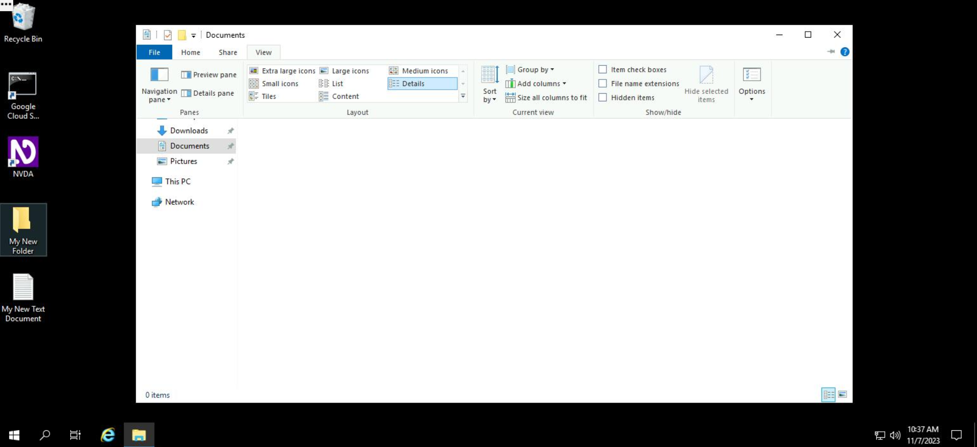 Screenshot of File Explorer accessing the "View" tab from the File Explorer Menu.