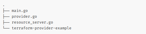 The file tree path with branches for main.go, provider.go, resource_server.go, and terraform-provider-example.