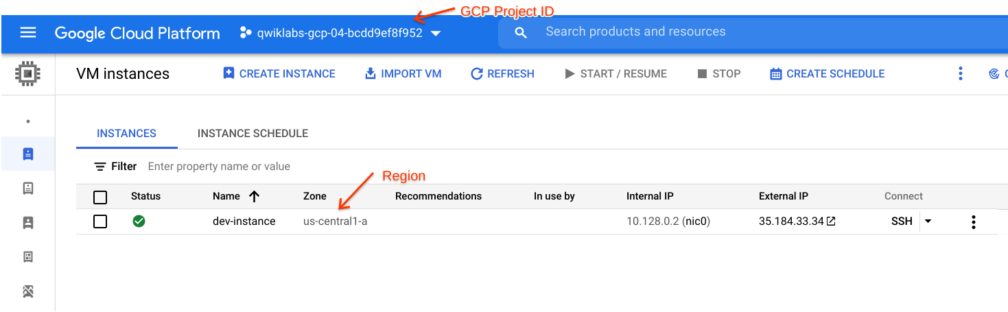 Cloud console displaying Project ID qwiklabs-gcp-bcdd9ef8f952, and Region us-central1-a