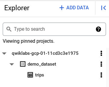 The listed pinned projects, wherein the trips table is listed as a file within the demo_dataset.