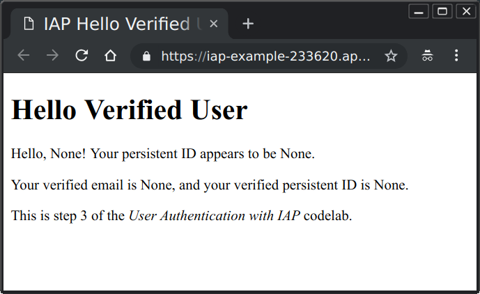 Pagina con scheda Hello Verified, l&#39;ID è None