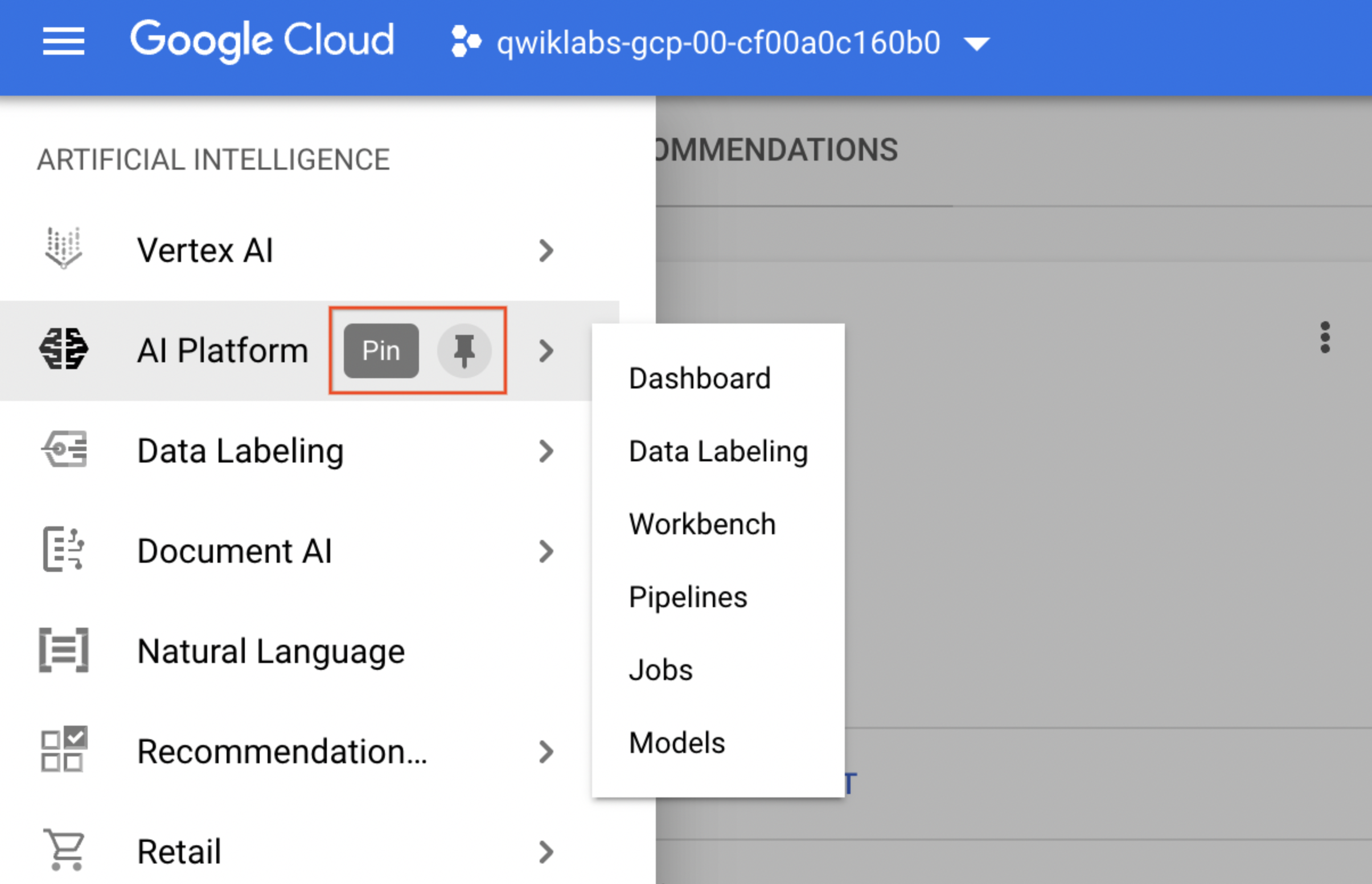 Menu de navegação aberto, mostrando a opção fixada &quot;AI Platform&quot; e o submenu do AI Platform