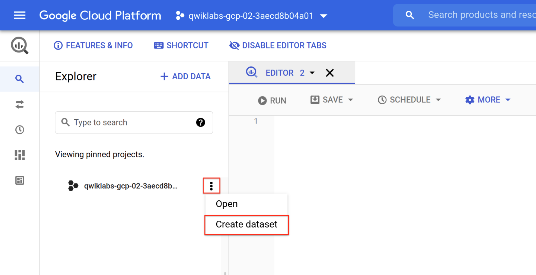 The navigation path to the Create dataset option.