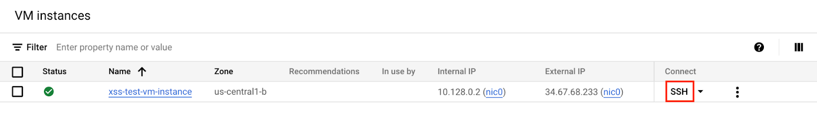 Cloud コンソールの SSH ボタン