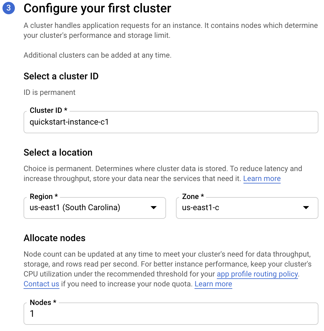 The Create an instance page displaying the values in the Configure your first cluster section