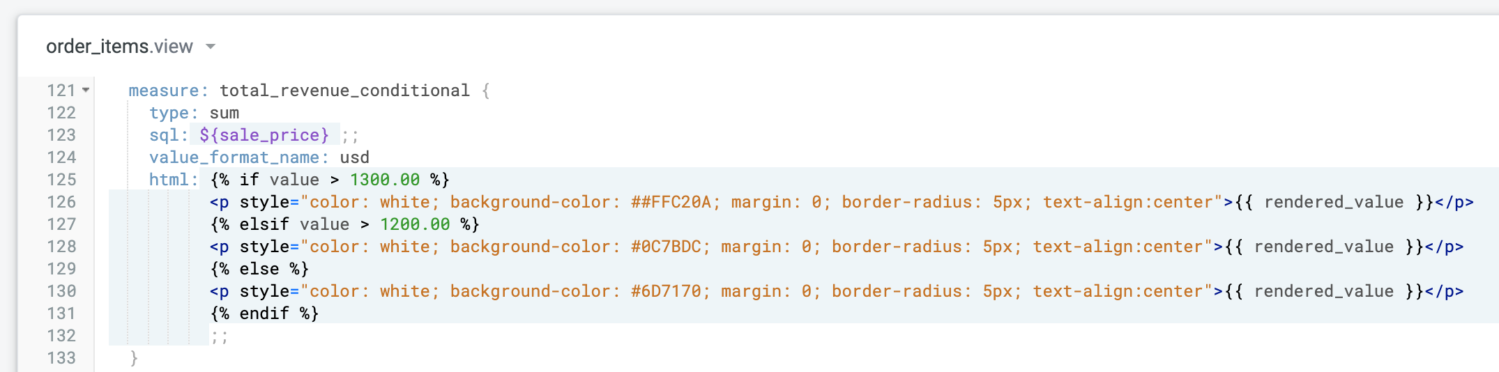 order_items.view displaying highlighted total_revenue_conditional html parameters