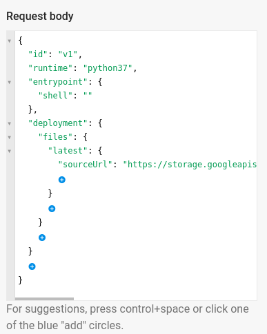 The method displayed in the Request body text field