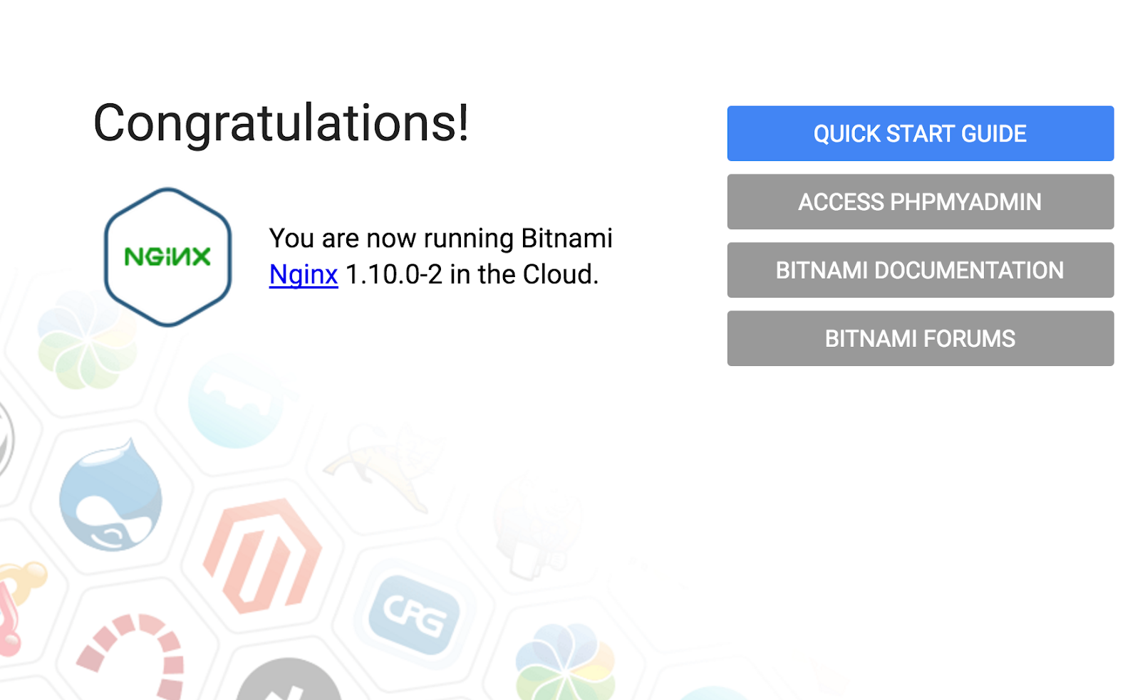 The Congratulations! pop-up, with the 'You are now running Bitnami Nginx 1.10.0-2 in the Cloud notification.