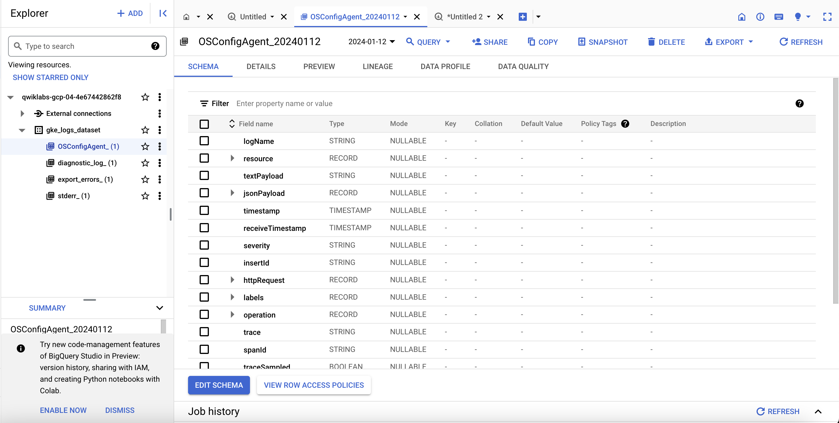 Página com guias do esquema da tabela &quot;stderr&quot; em &quot;gke_logs_dataset&quot;