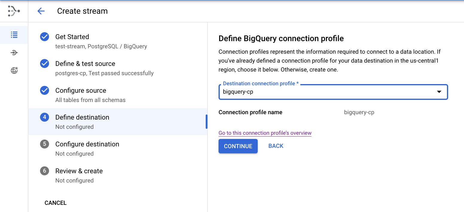 step 4 of the create stream page with bigquery-cp selected