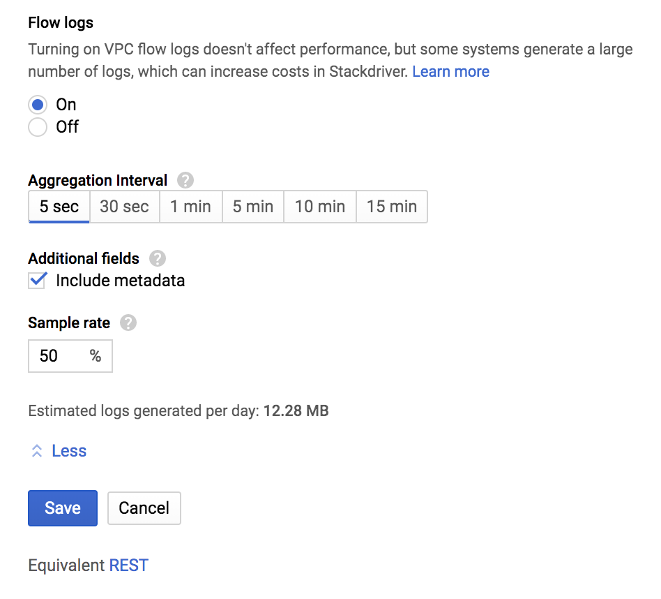 Pagina di configurazione dei log di flusso con diversi campi visualizzati.