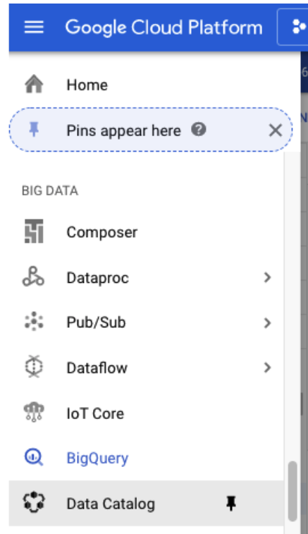 Data catalog highlighted on the navigation menu