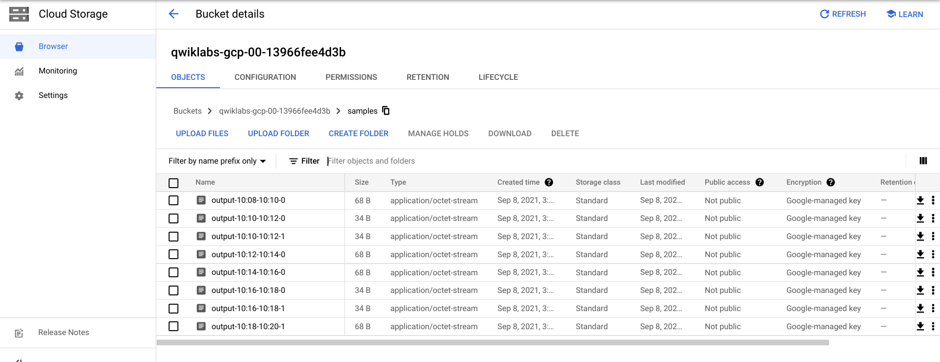 Bucket details page displaying the output file information