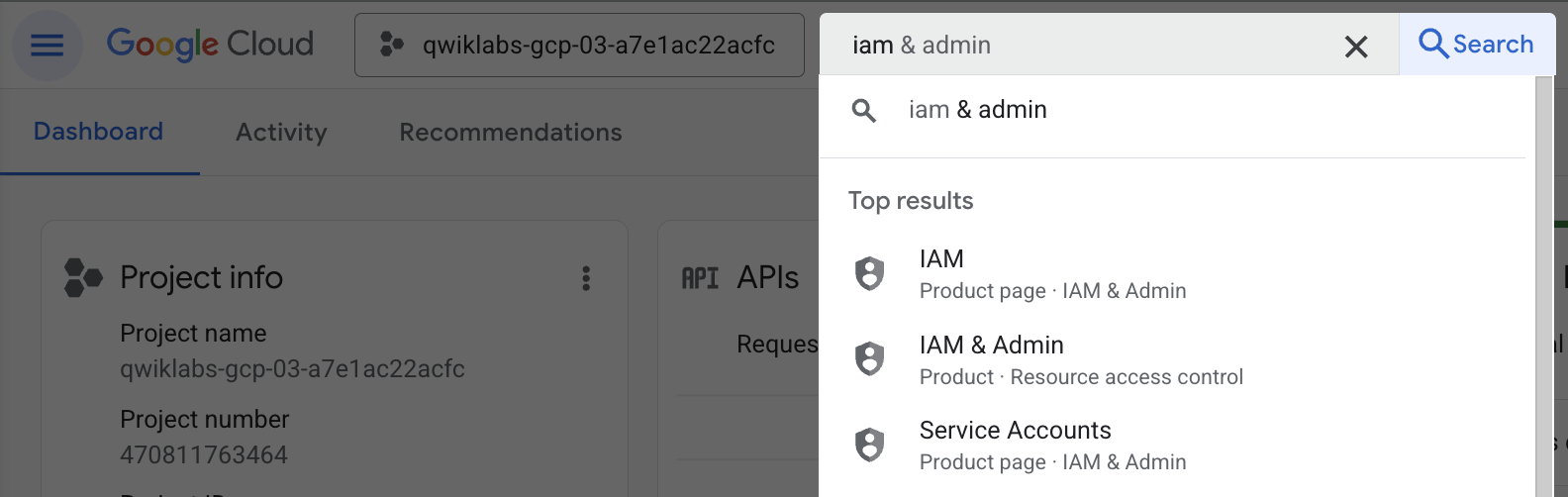 IAM typed in the Search bar, and the list of search results