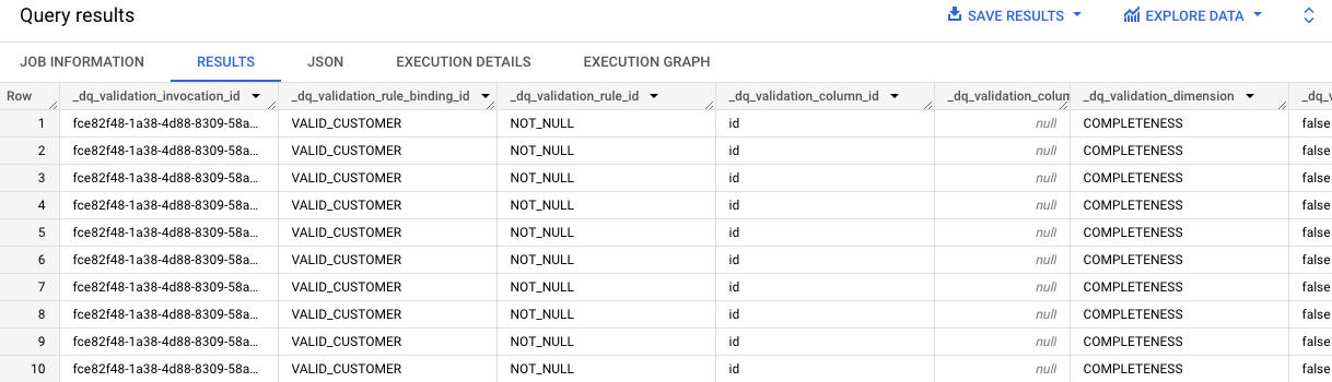 Data quality results for VALID_CUSTOMER