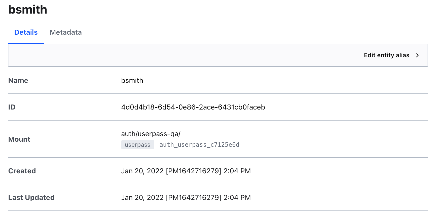 bsmith Details tabbed page, which includes the name, ID, mount, date created, and last updated date.