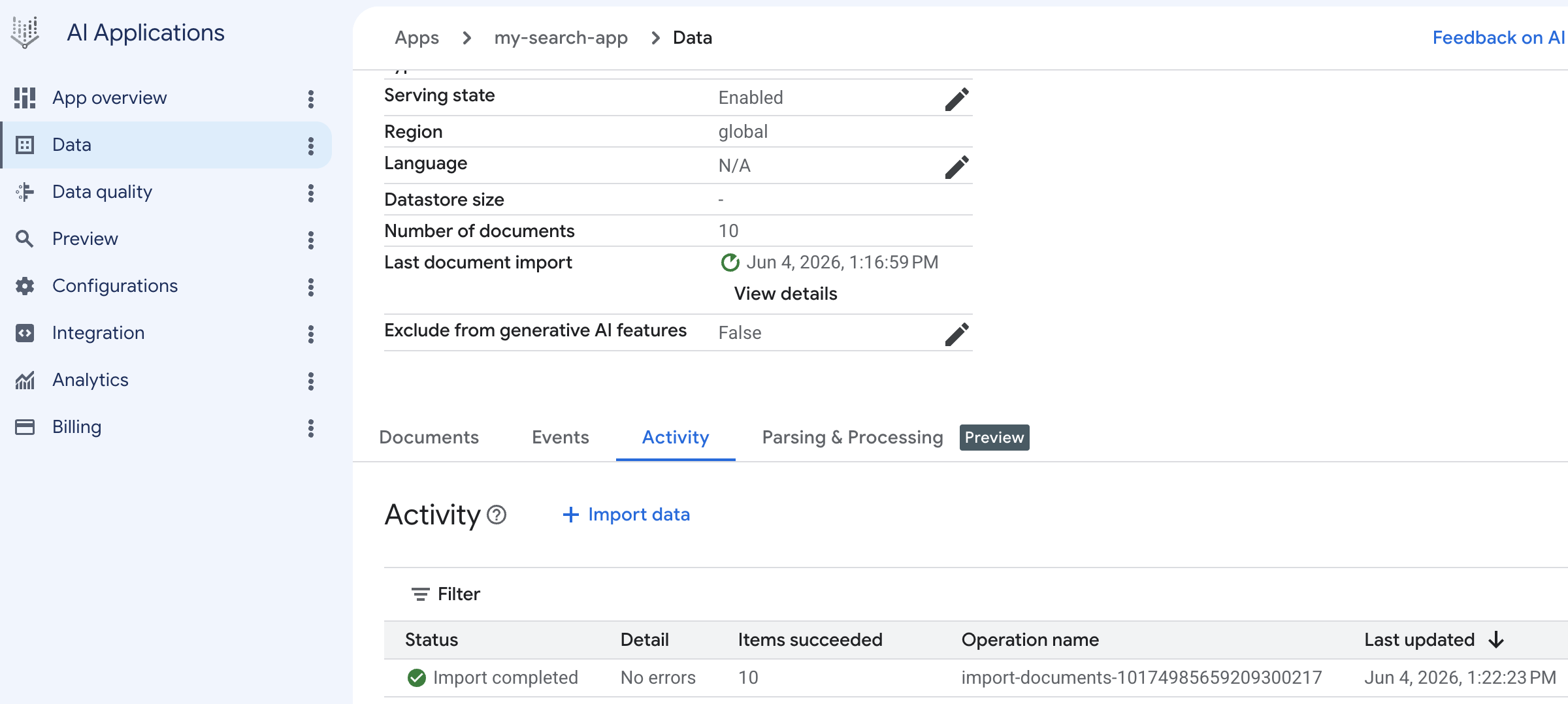 status indicating data import activity