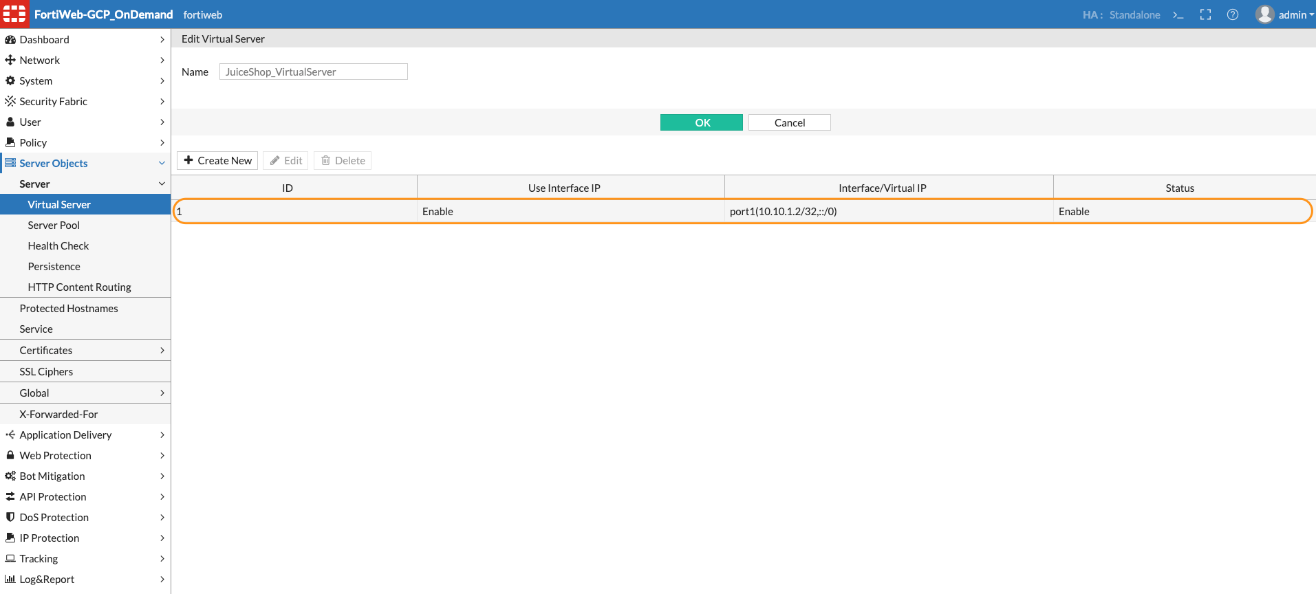 FortiWeb Virtual Server Item Interface IP