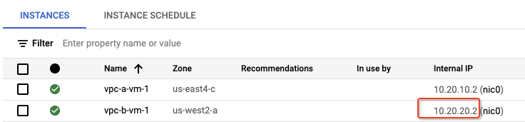 IP address of vpc-b-vm-1 highlighted on the VM Instances page