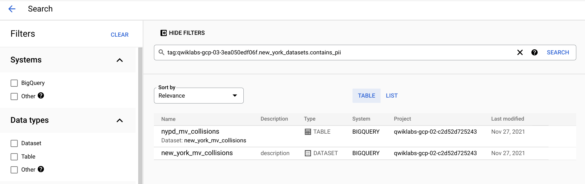 Página de pesquisa do Data Catalog