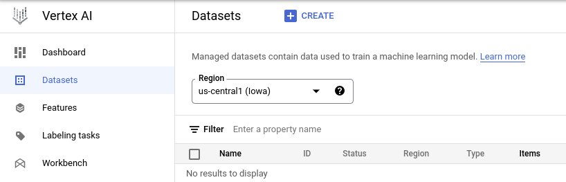 Konsola Google Cloud, strona Zbiory danych