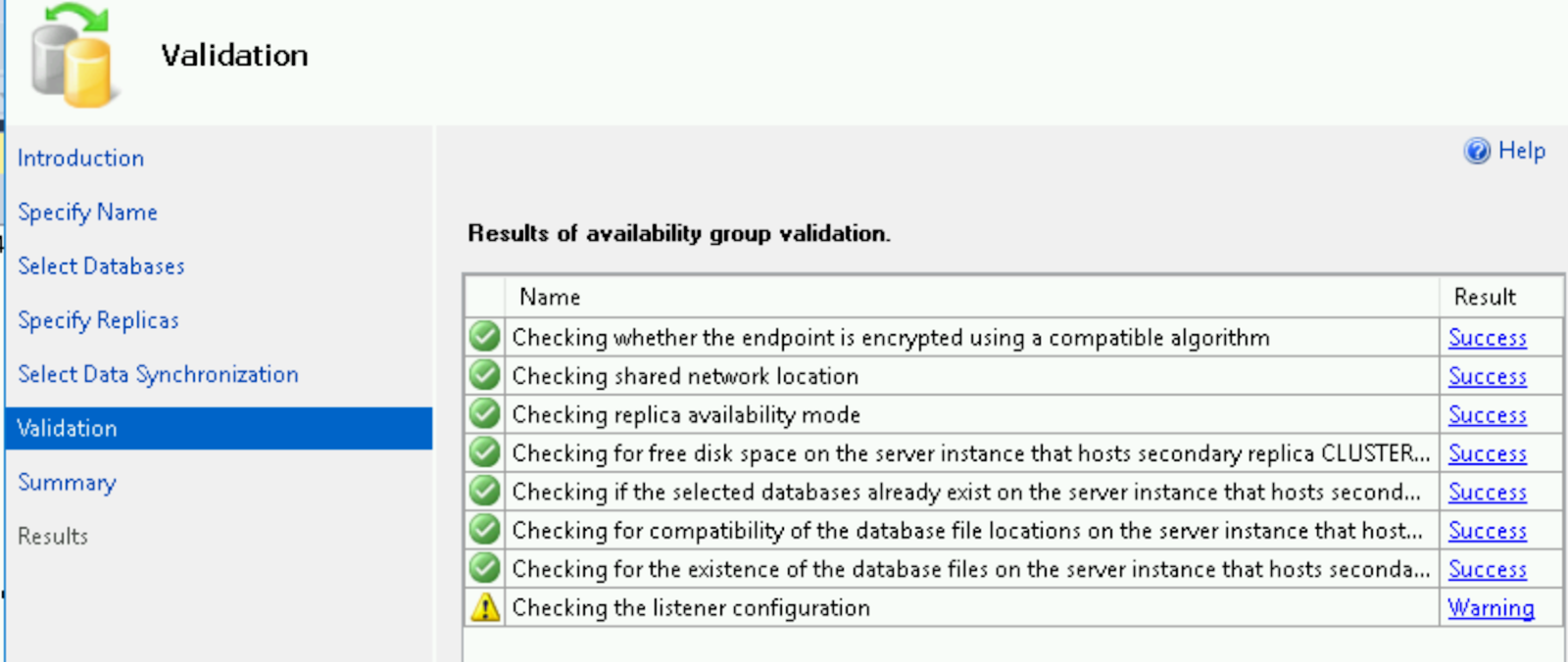 The Validation page, with the warning 'Checking the listened configuration'.
