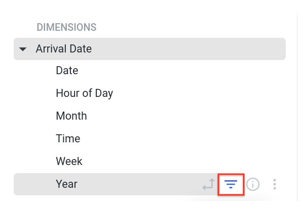 Expanded Arrival Date dropdown menu with filter button highlighted on the Year option