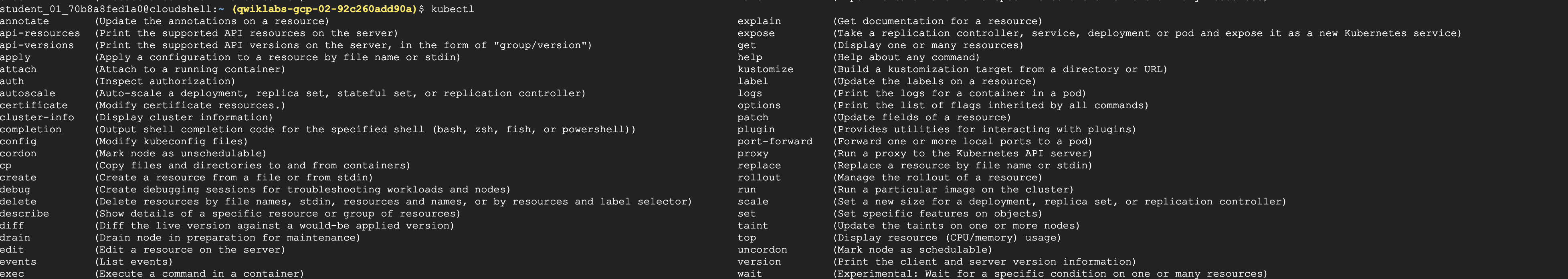 Cloud shell displaying all possible output commands