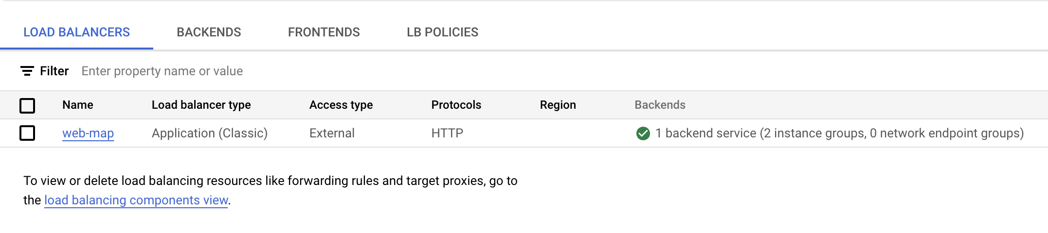 The Load balancing page dispaying the web-map line.