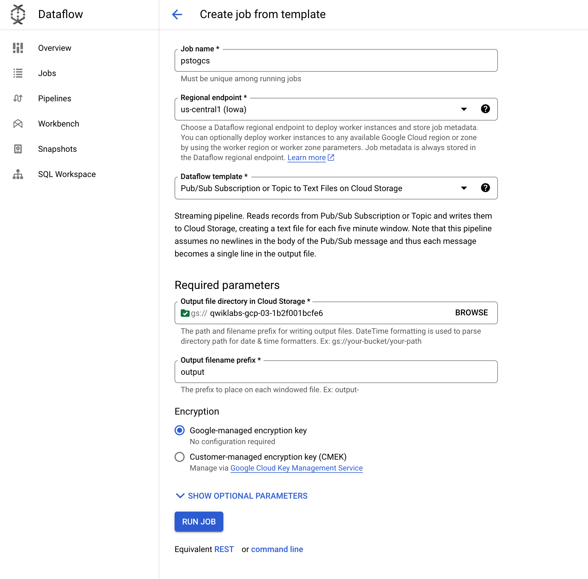 The Create job from template page, which includes the aforementioned fields.