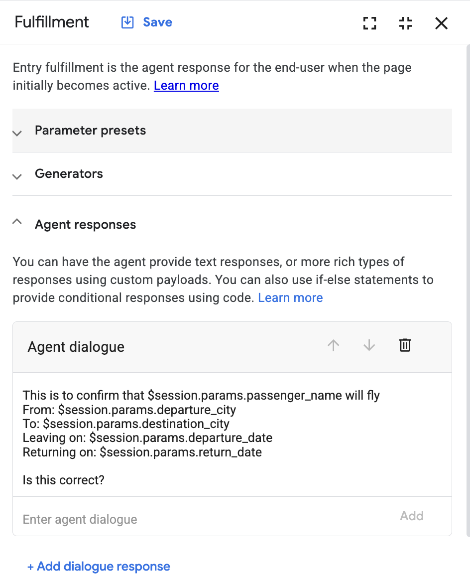 Fullfillment window with Agent dialogue field populated