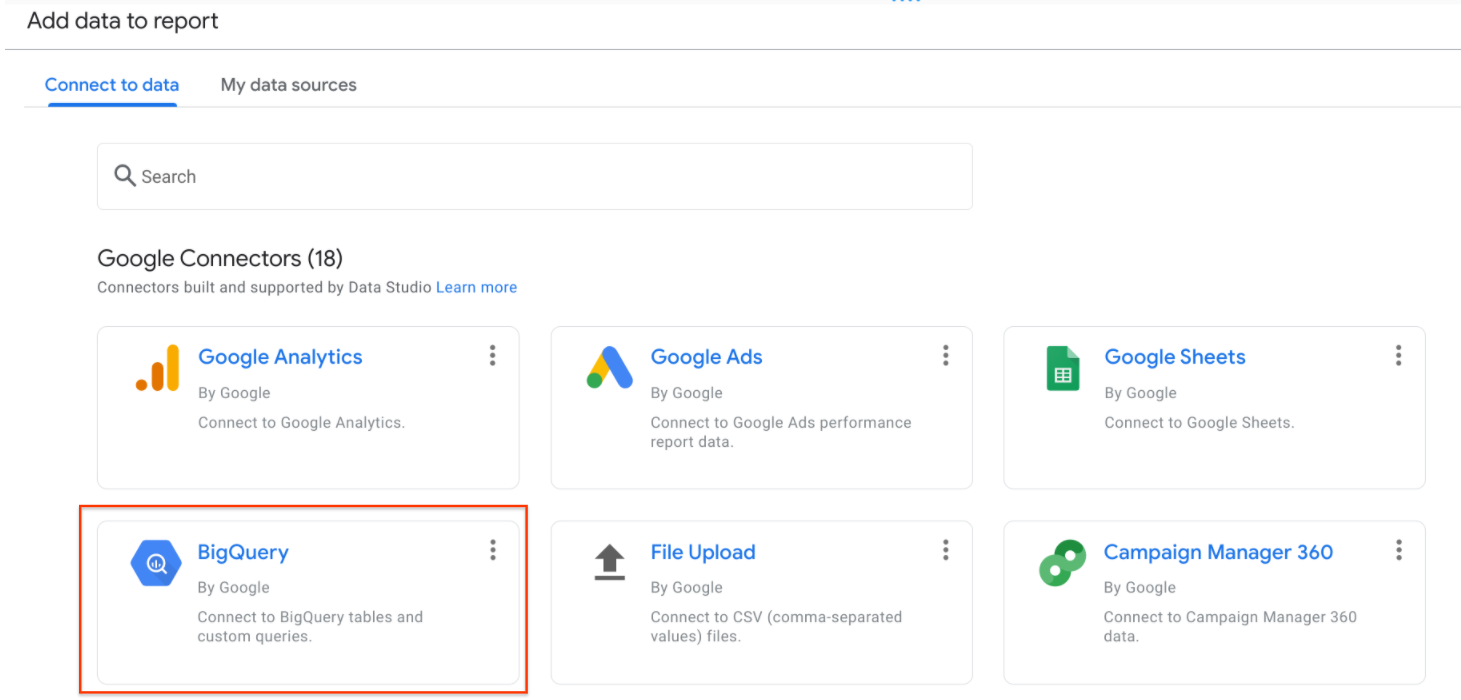 [データに接続] タブページでハイライト表示された BigQuery オプション