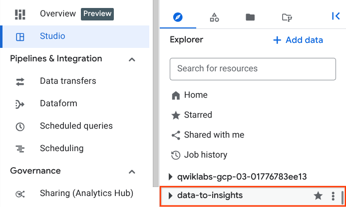 BigQuery projects panel