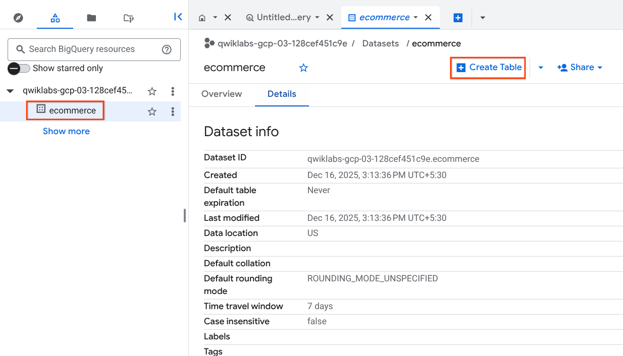 The highlighted Create Table button and ecommerce dataset