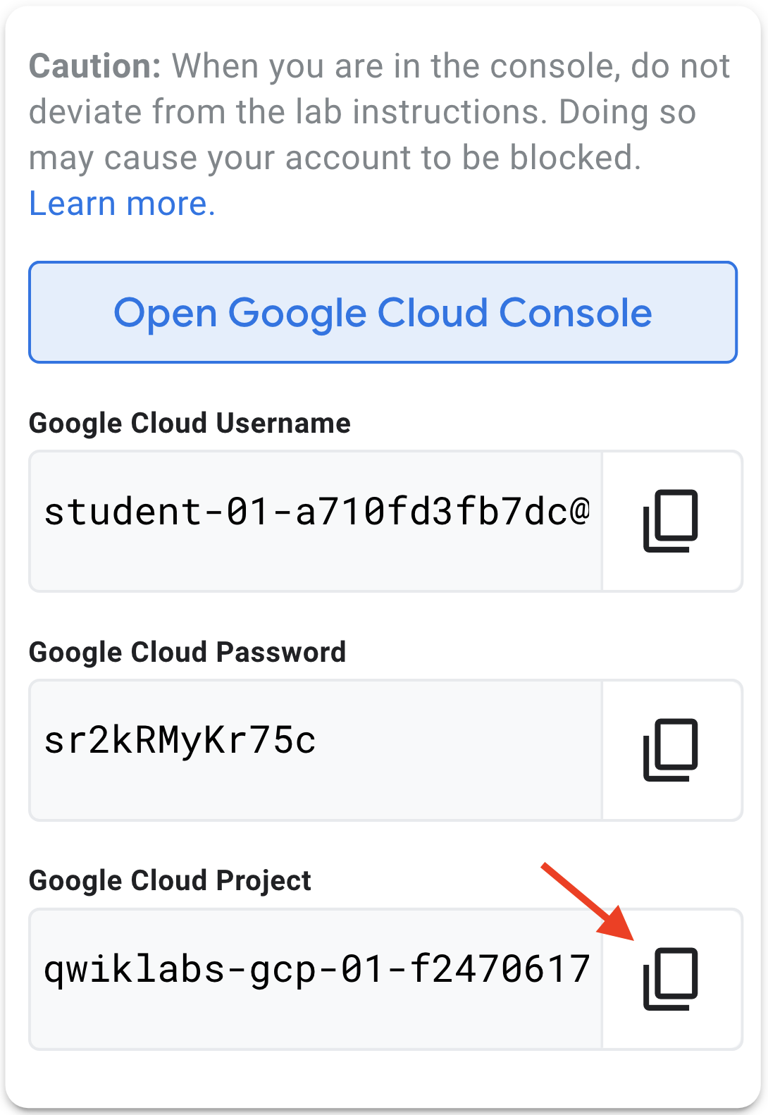 The highlighted Copy icon next to the Google Cloud project name within the Lab Details panel.