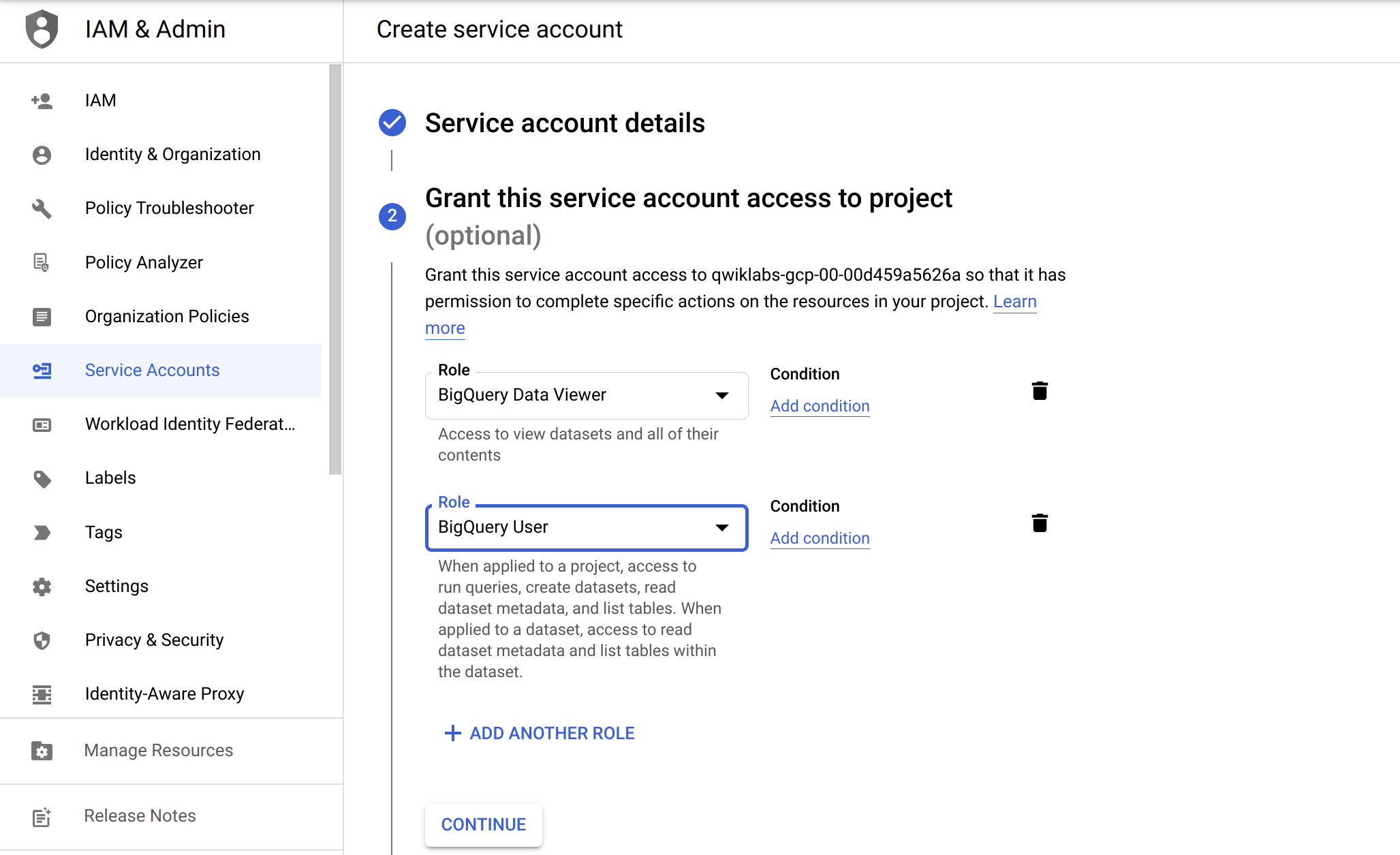 Create service account tabbed page