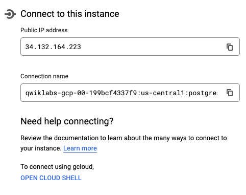 The Connect to this instance dialog box displaying the Open Cloud Shell link