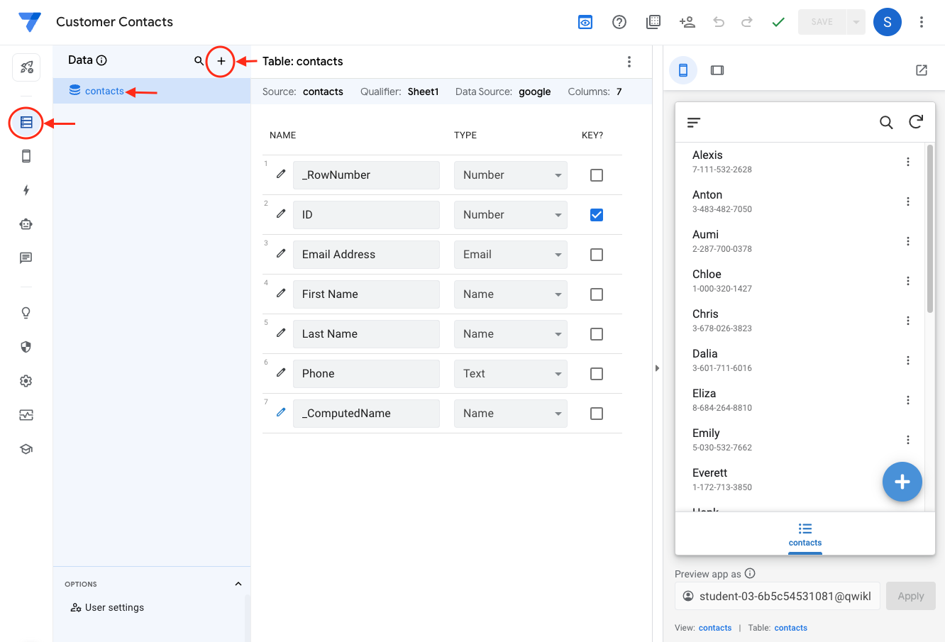 The contacts table displayed on the Tables tabbed page and the Add New Table button highlighted in AppSheet