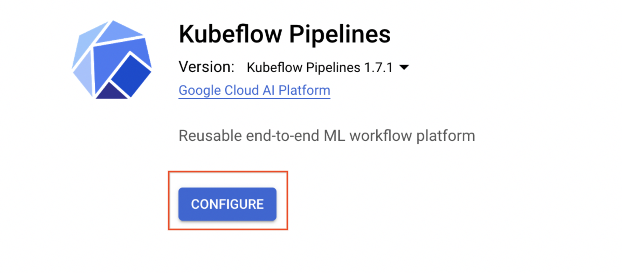 Bouton &quot;Configurer&quot; encadré dans la boîte de dialogue &quot;Kubeflow Pipelines&quot;