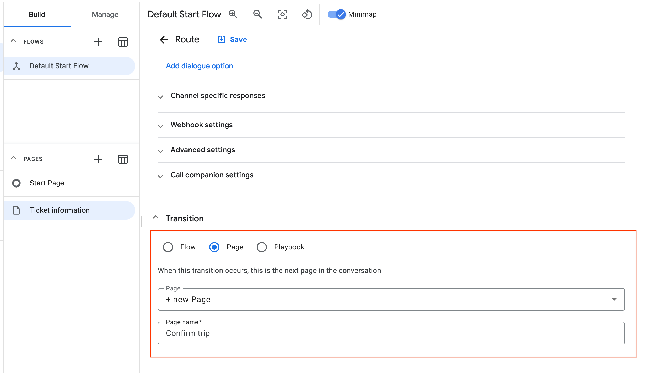 Transition section with populated Page name field highlighted