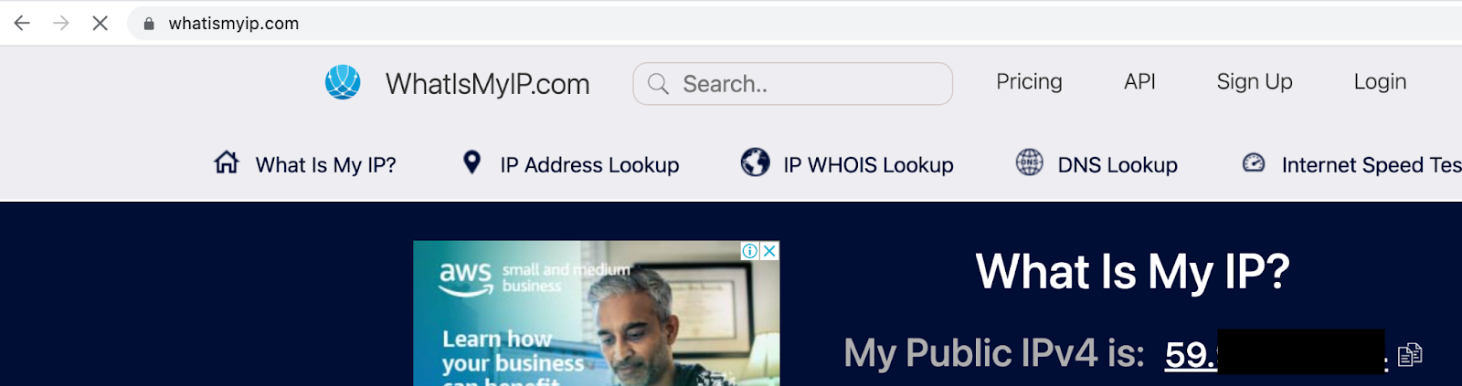 A browser displays the home page of the website www.whatismyip.com