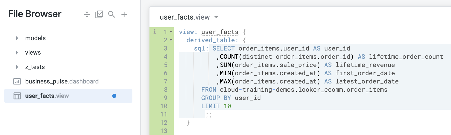 The user_facts.view displaying 10 lines of code