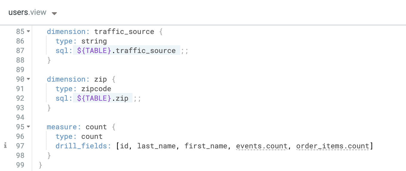users.view file displaying the traffic_source dimension