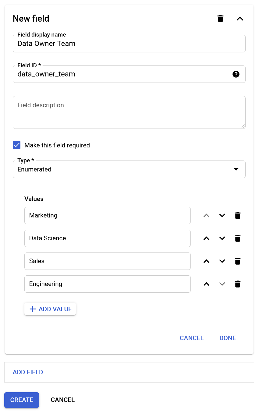 The New field dialog displaying the aforementioned values