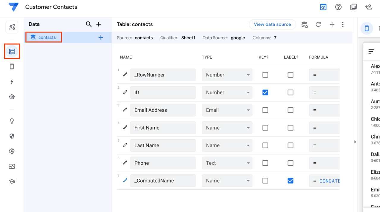 The contacts table listed on the Tables tabbed page