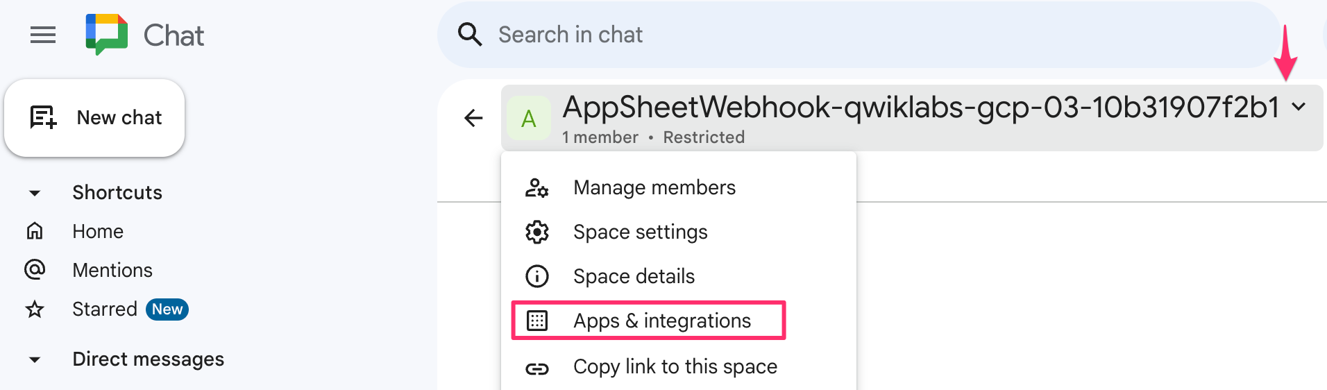 Manage webhooks highlighted in the AppSheet Webhook drop-down menu.